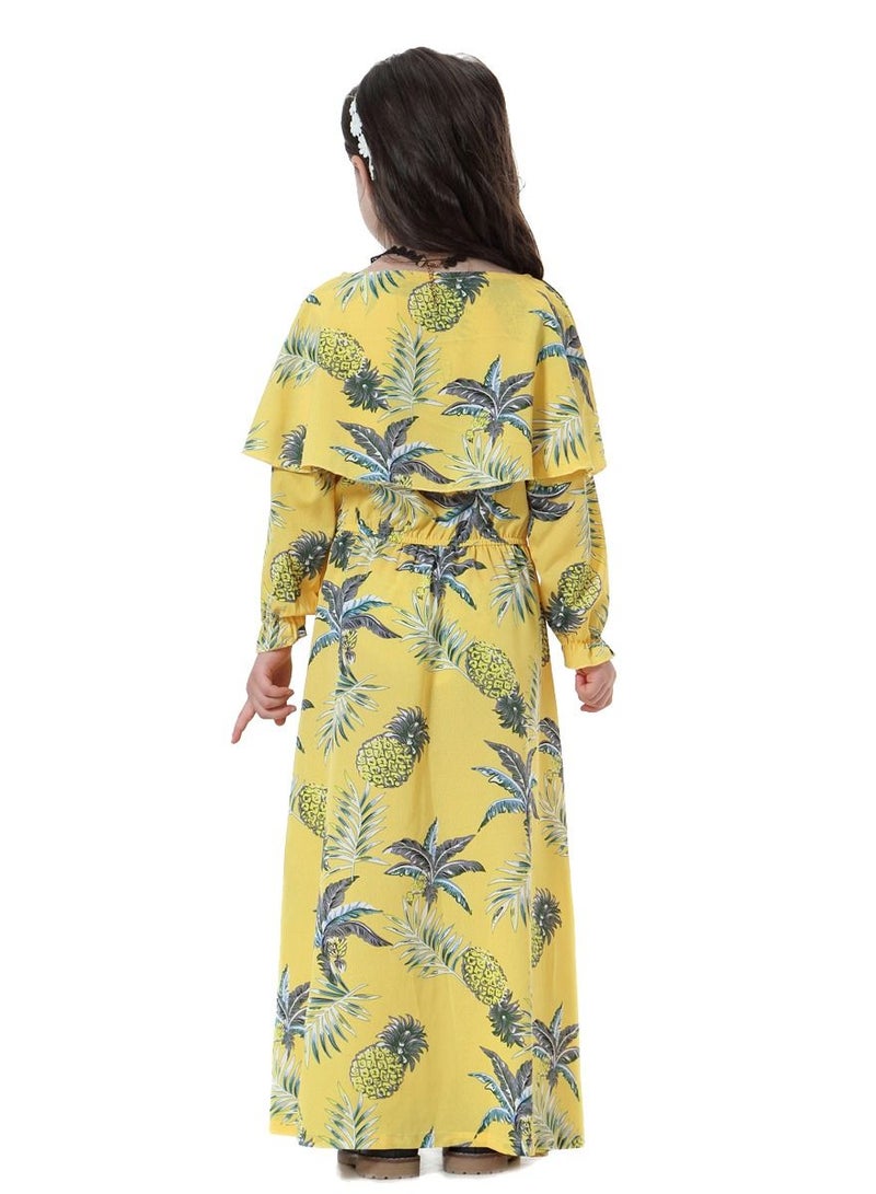 Girl's Printed Maxi Dress With Long Sleeve Yellow Mix