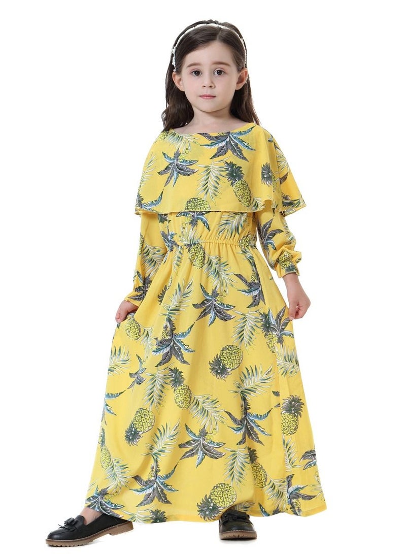 Girl's Printed Maxi Dress With Long Sleeve Yellow Mix