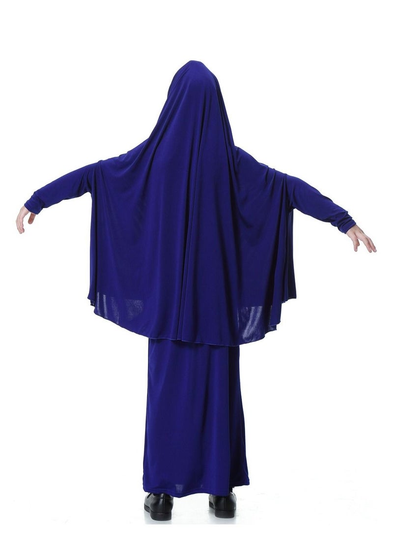Girl's Traditional 2-Piece Set Solid Color Abaya Robe And Skirt Suit Dark Blue