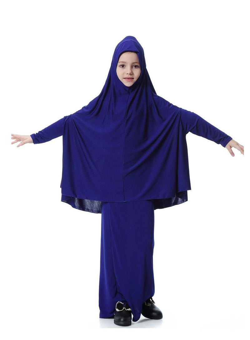 Girl's Traditional 2-Piece Set Solid Color Abaya Robe And Skirt Suit Dark Blue