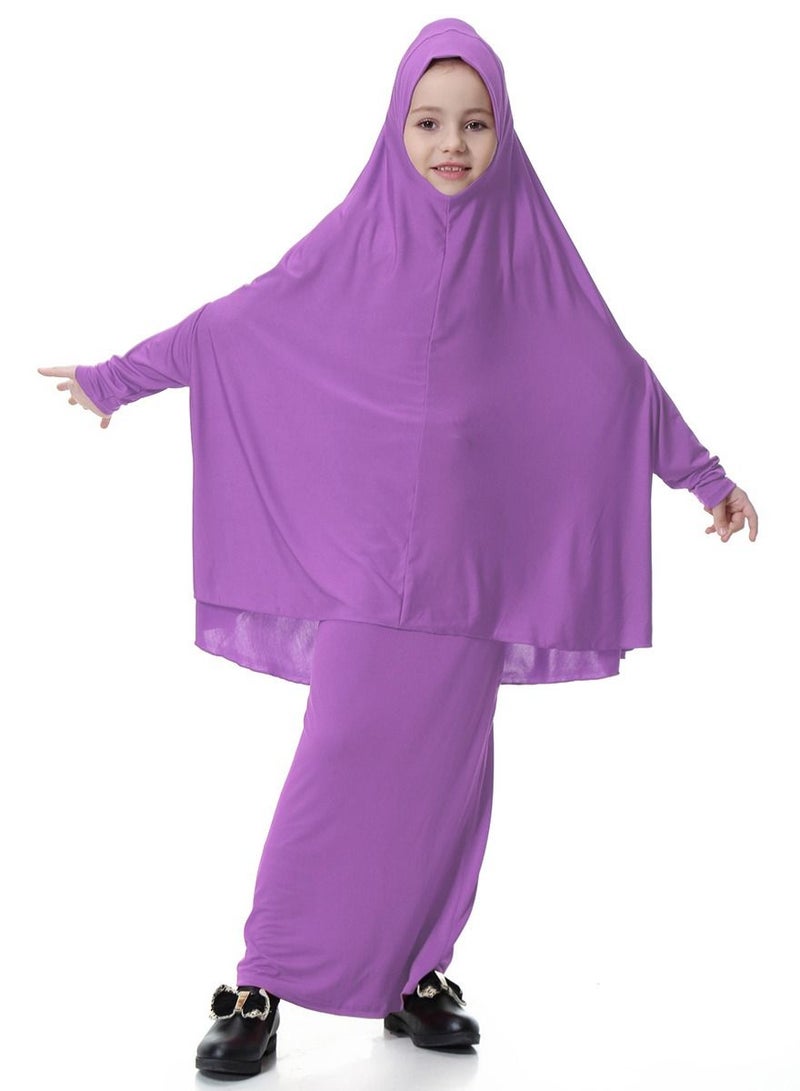 Girl's Traditional 2-Piece Set Solid Color Abaya Robe And Skirt Suit Lavender Purple