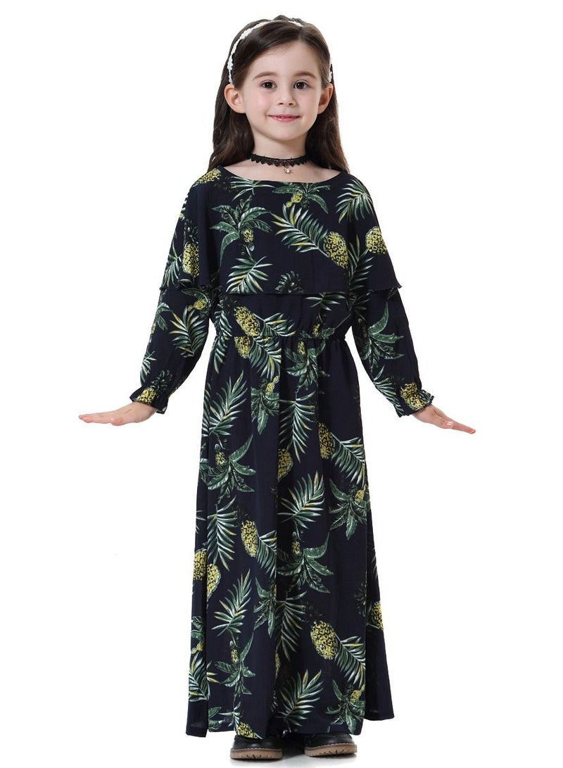 Girl's Printed Maxi Dress With Long Sleeve Navy Blue Mix