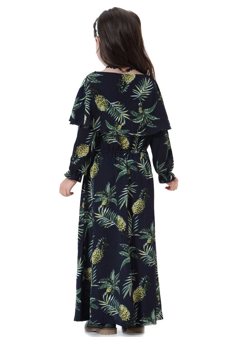 Girl's Printed Maxi Dress With Long Sleeve Navy Blue Mix