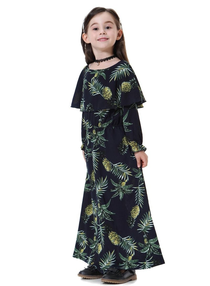 Girl's Printed Maxi Dress With Long Sleeve Navy Blue Mix