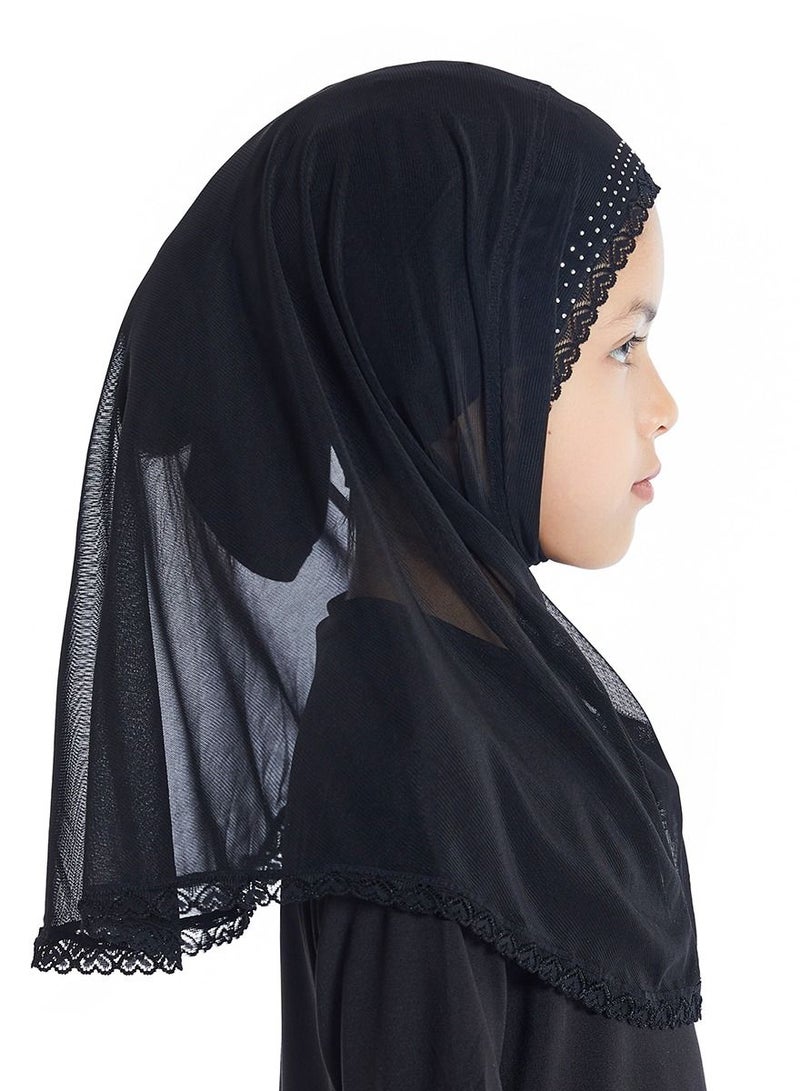 Girl's Stretch Long Scarf Solid Color Lace Hijab Black