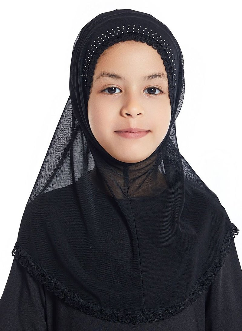 Girl's Stretch Long Scarf Solid Color Lace Hijab Black