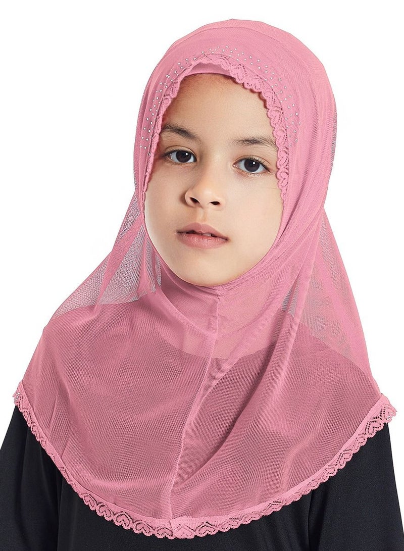 Girl's Stretch Long Scarf Solid Color Lace Hijab Dusty Pink