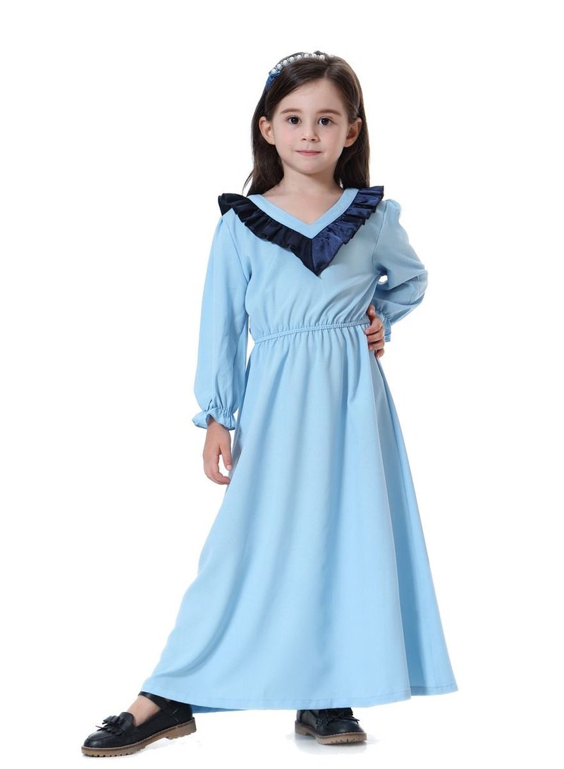 Girl's V Neck Maxi Dress Sky Blue/Navy Blue