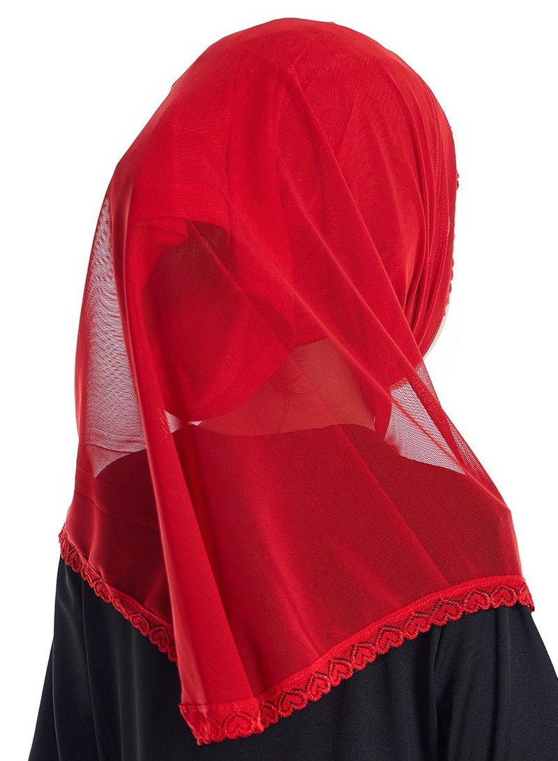 Girl's Stretch Long Scarf Solid Color Lace Hijab Red