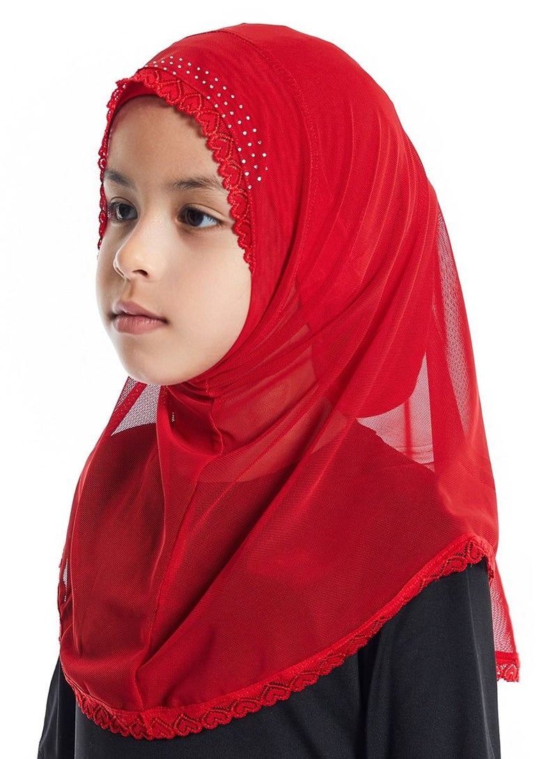 Girl's Stretch Long Scarf Solid Color Lace Hijab Red