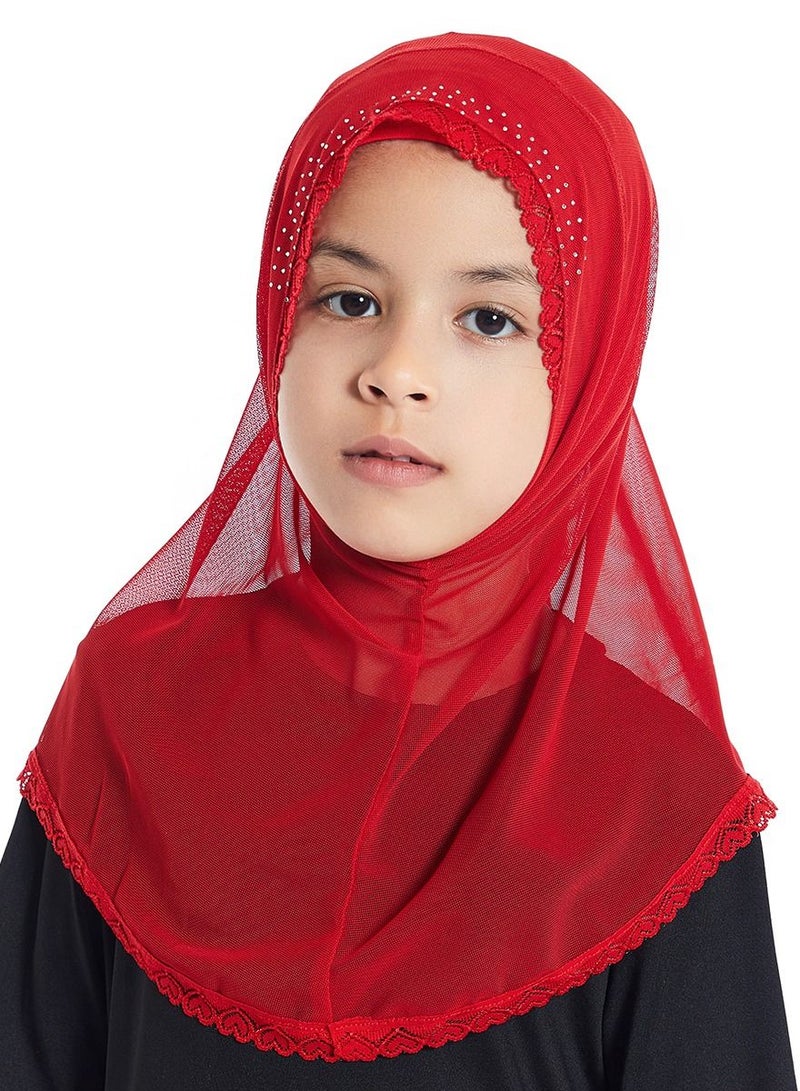 Girl's Stretch Long Scarf Solid Color Lace Hijab Red