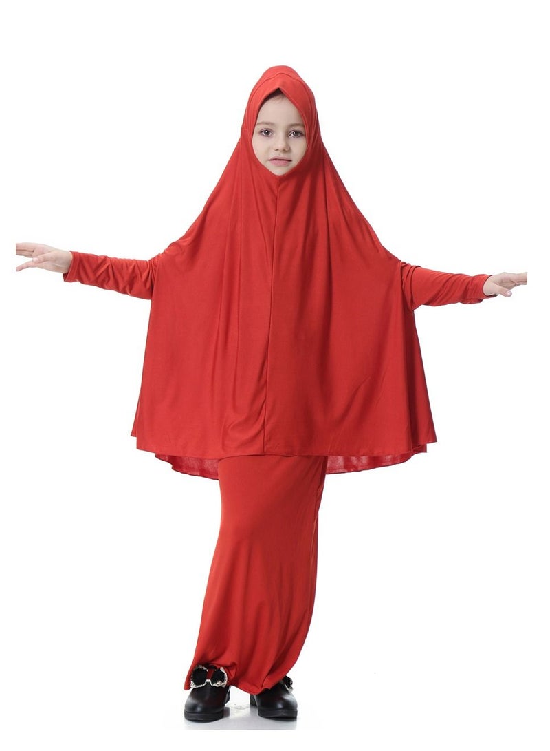 Girl's Traditional 2-Piece Set Solid Color Abaya Robe And Skirt Suit Red