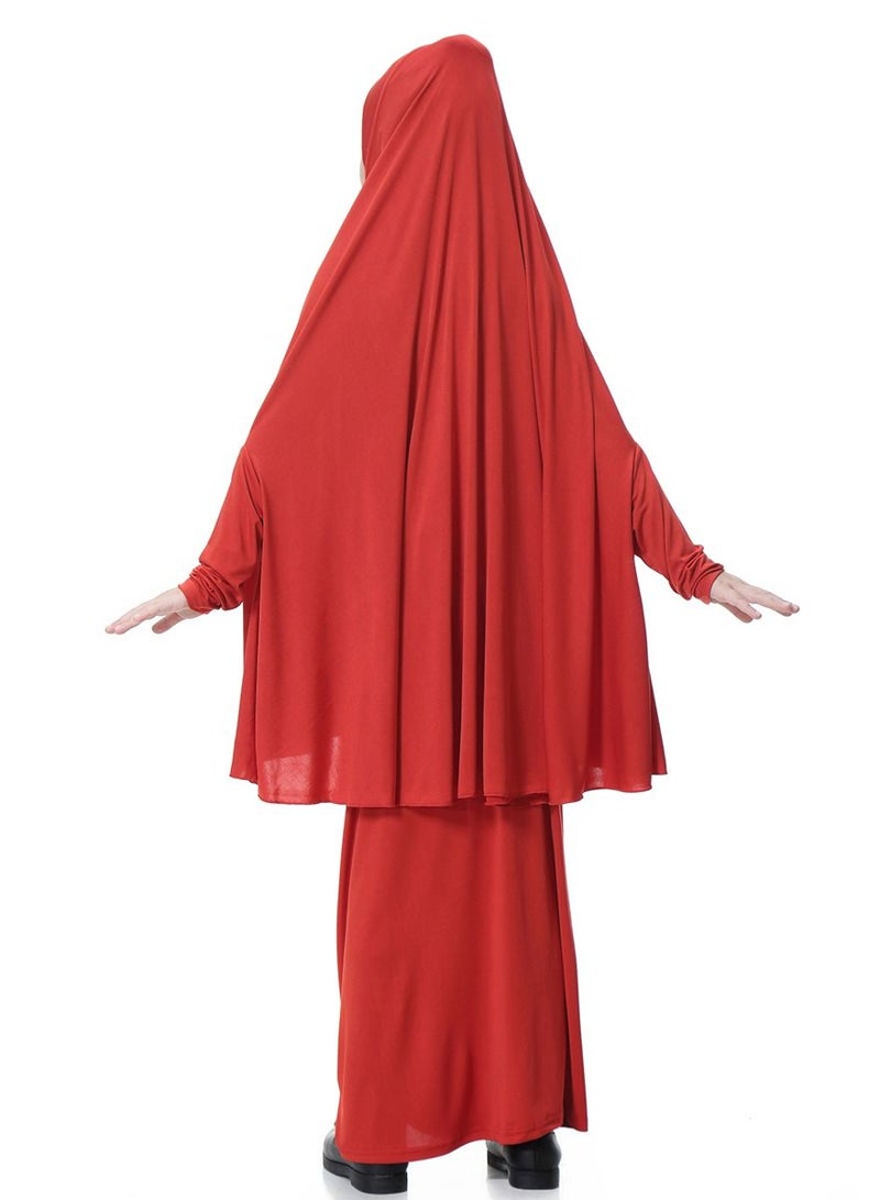 Girl's Traditional 2-Piece Set Solid Color Abaya Robe And Skirt Suit Red