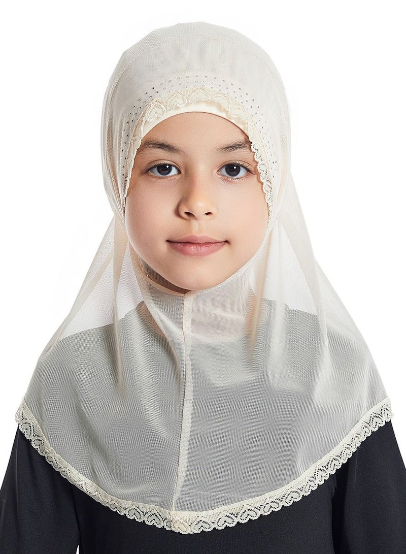 Girl's Stretch Long Scarf Solid Color Lace Hijab Light Beige