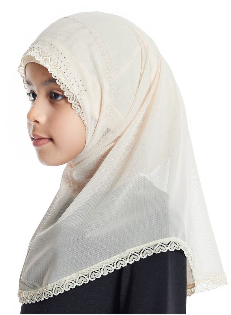 Girl's Stretch Long Scarf Solid Color Lace Hijab Light Beige