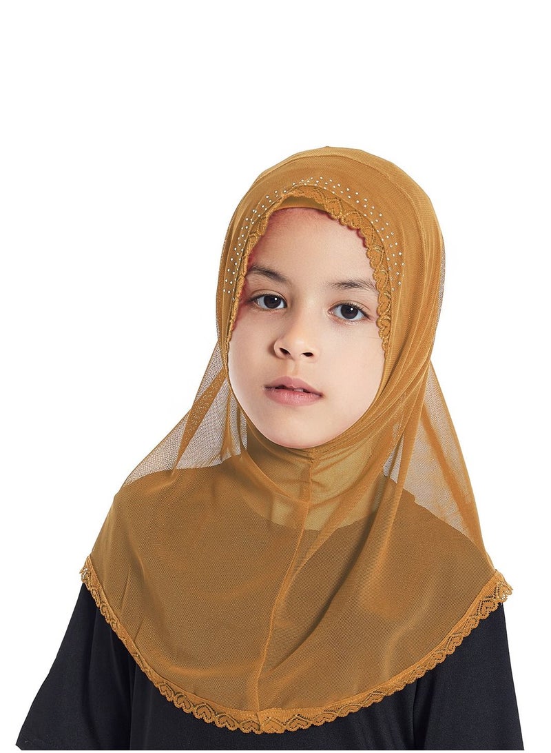 Girl's Stretch Long Scarf Solid Color Lace Hijab Camel