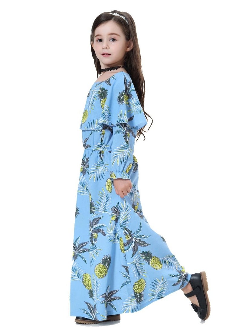 Girl's Printed Maxi Dress With Long Sleeve Sky Blue Mix