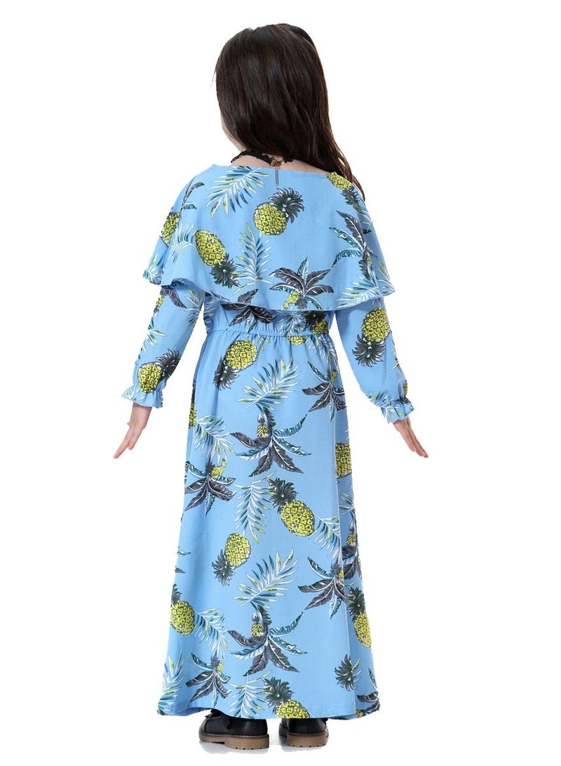 Girl's Printed Maxi Dress With Long Sleeve Sky Blue Mix