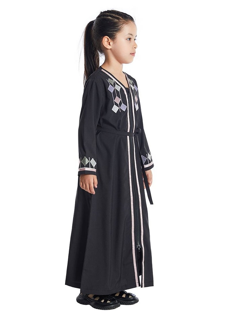 Girl's V Neck Long Sleeve Lace-Up Zipper Maxi Long Dress Black