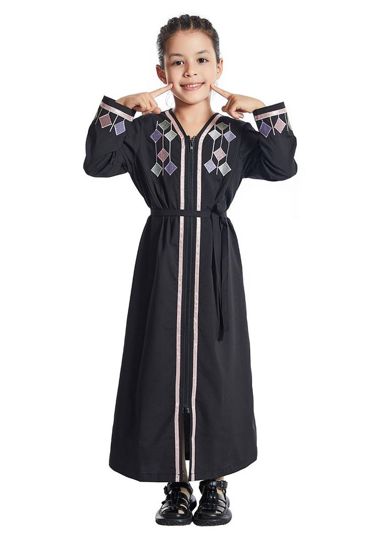 Girl's V Neck Long Sleeve Lace-Up Zipper Maxi Long Dress Black