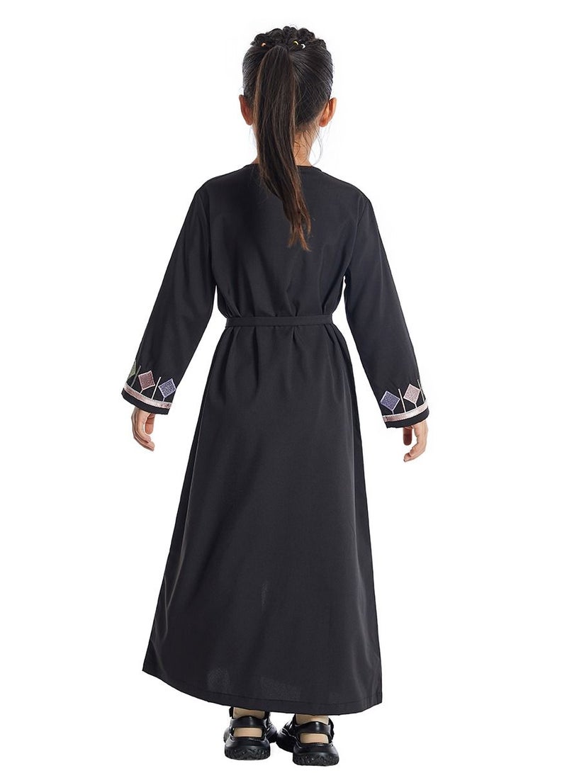 Girl's V Neck Long Sleeve Lace-Up Zipper Maxi Long Dress Black