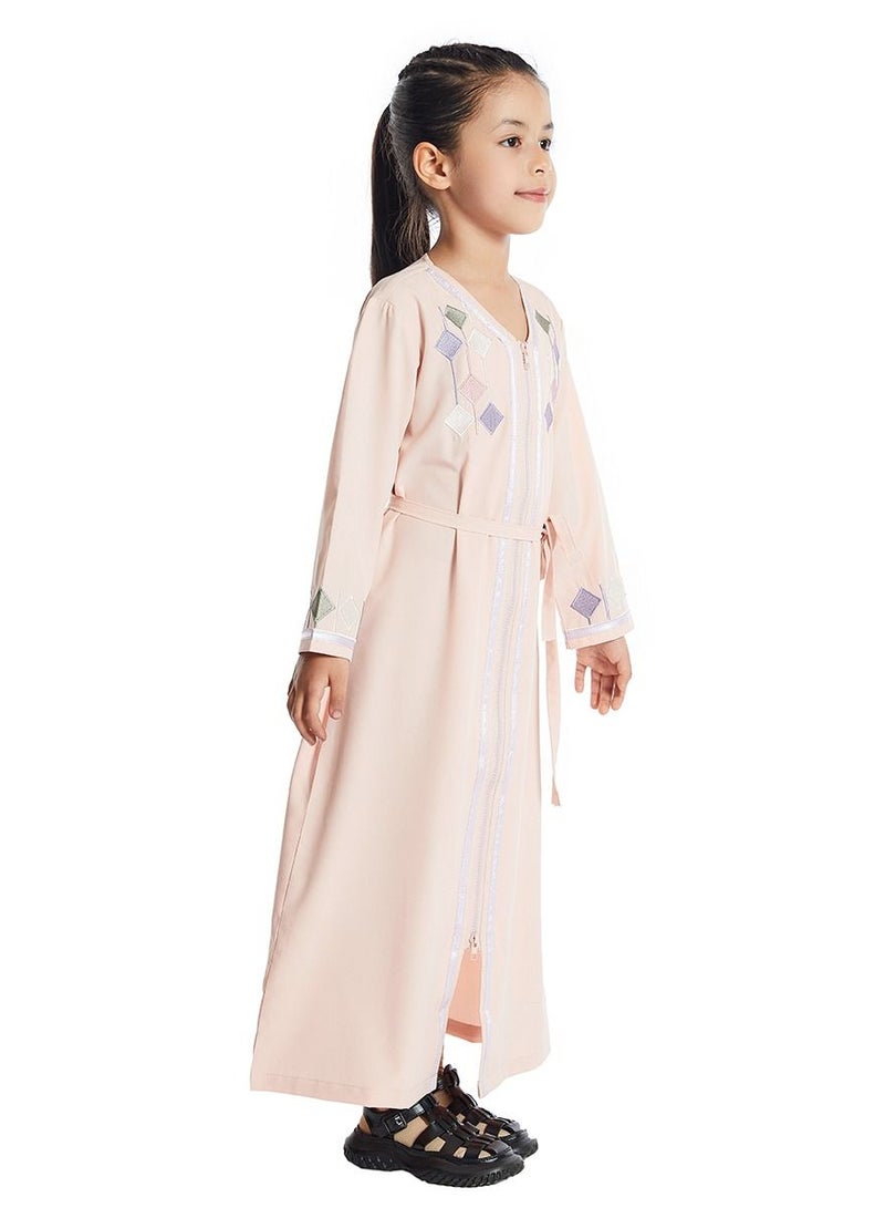 Girl's V Neck Long Sleeve Lace-Up Zipper Maxi Long Dress Light Pink