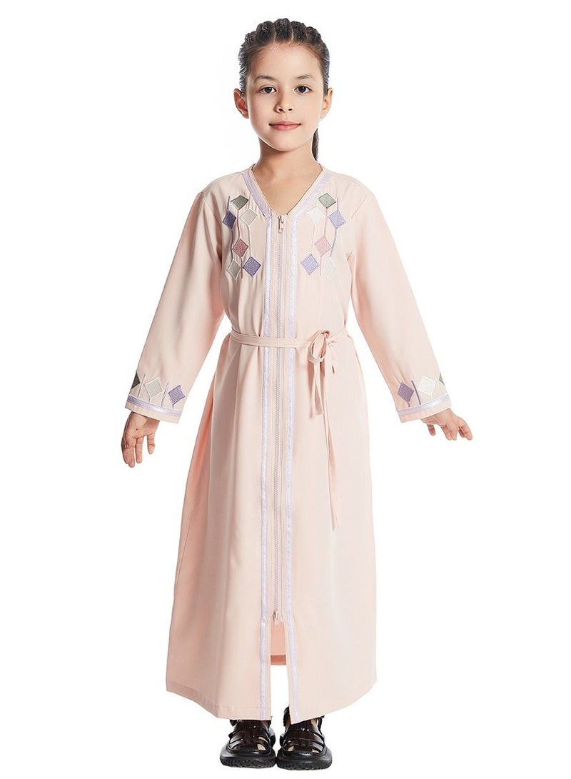 Girl's V Neck Long Sleeve Lace-Up Zipper Maxi Long Dress Light Pink