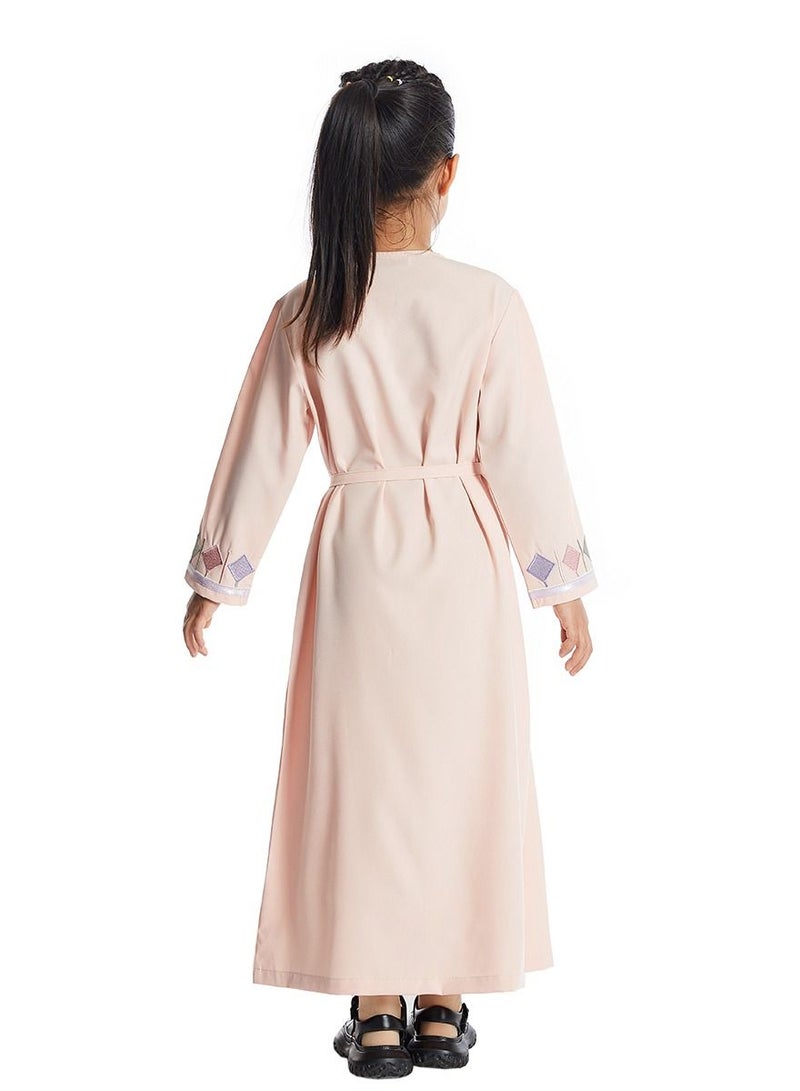 Girl's V Neck Long Sleeve Lace-Up Zipper Maxi Long Dress Light Pink