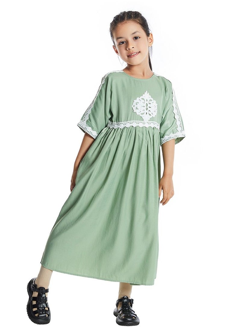 Girl's Mid Sleeve Maxi Long Dress With Lace Green