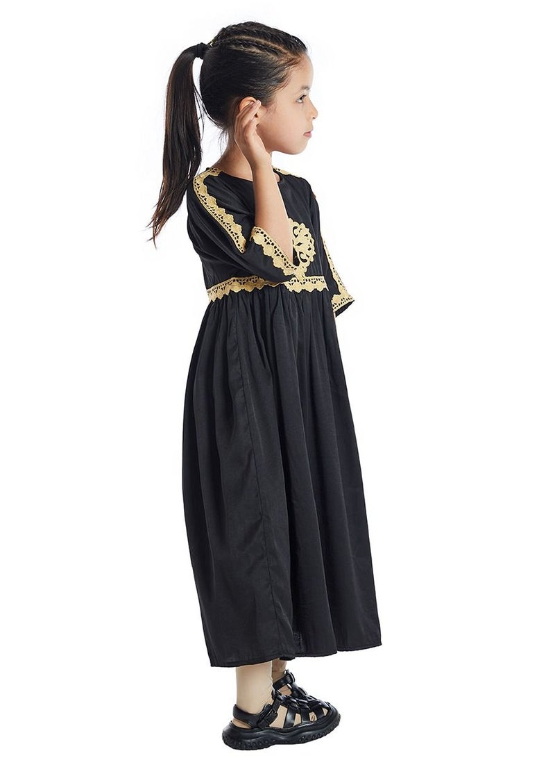 Girl's Mid Sleeve Maxi Long Dress With Lace Black