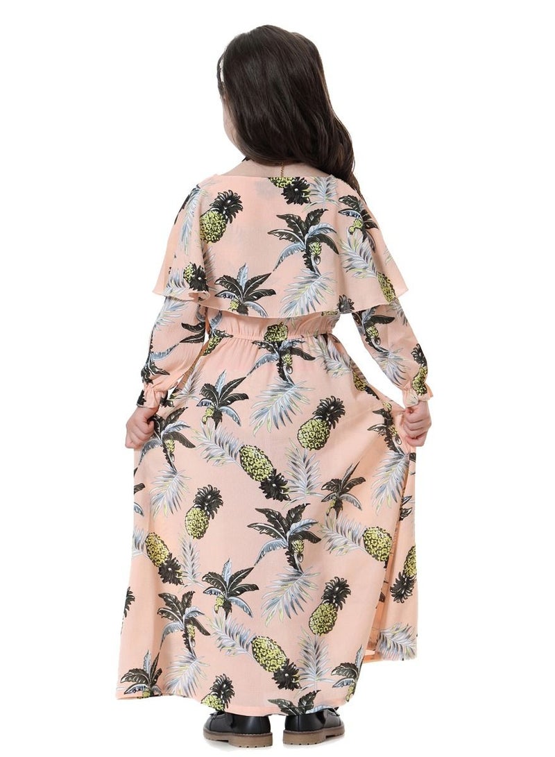 Girl's Printed Maxi Dress With Long Sleeve Pink Mix