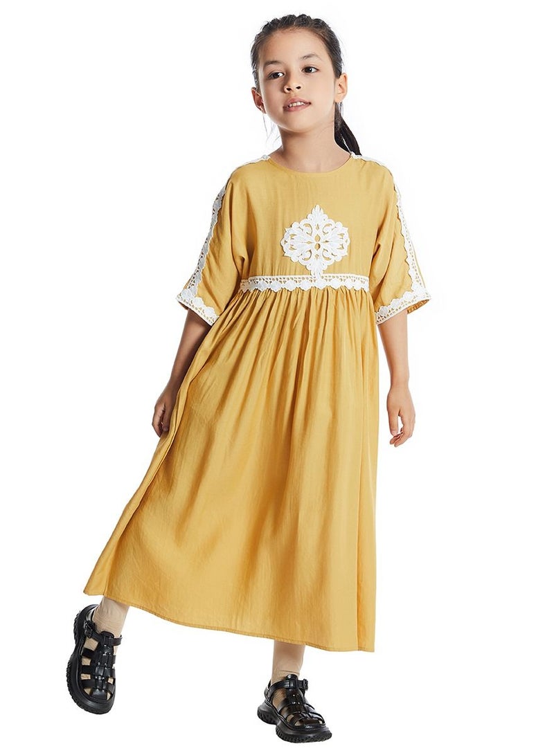 Girl's Mid Sleeve Maxi Long Dress With Lace Yellow