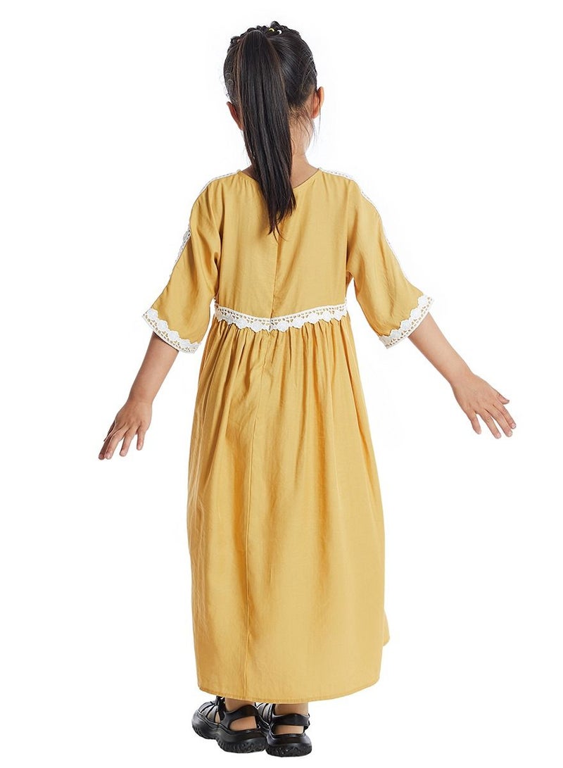 Girl's Mid Sleeve Maxi Long Dress With Lace Yellow