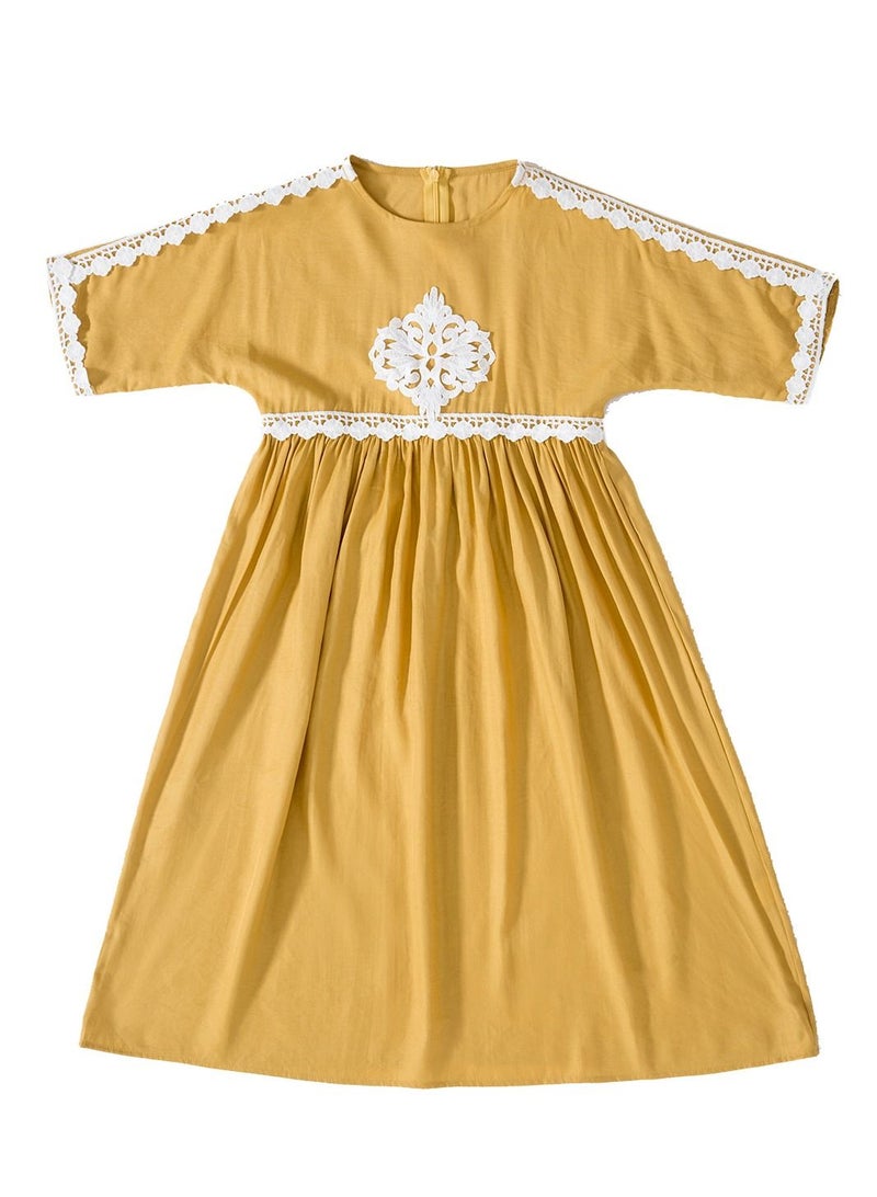 Girl's Mid Sleeve Maxi Long Dress With Lace Yellow