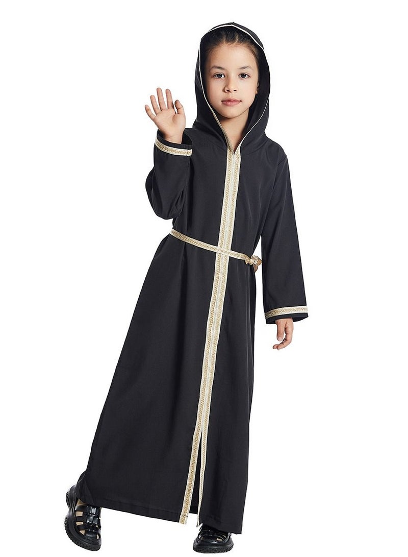 Girl's Lace-Up Hooded Long Sleeve Maxi Long Dress Black