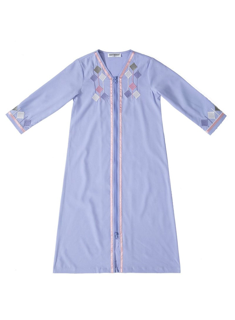 Girl's V Neck Long Sleeve Lace-Up Zipper Maxi Long Dress Light Purple