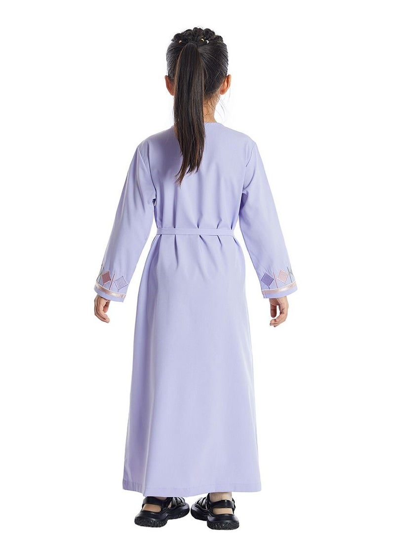 Girl's V Neck Long Sleeve Lace-Up Zipper Maxi Long Dress Light Purple