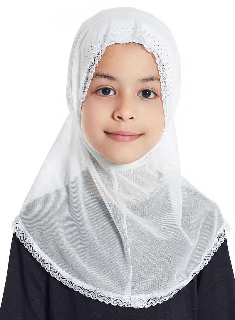 Girl's Stretch Long Scarf Solid Color Lace Hijab White