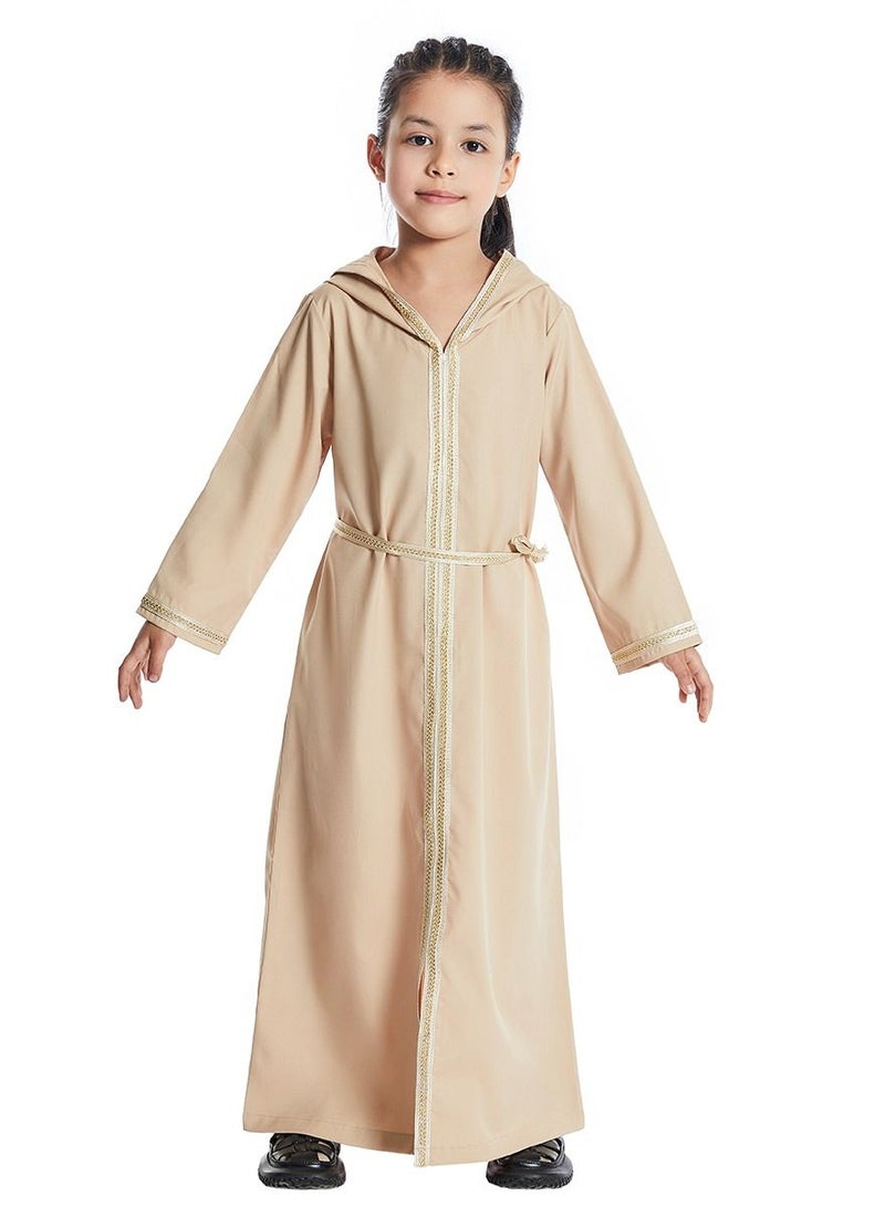 Girl's Lace-Up Hooded Long Sleeve Maxi Long Dress Brown