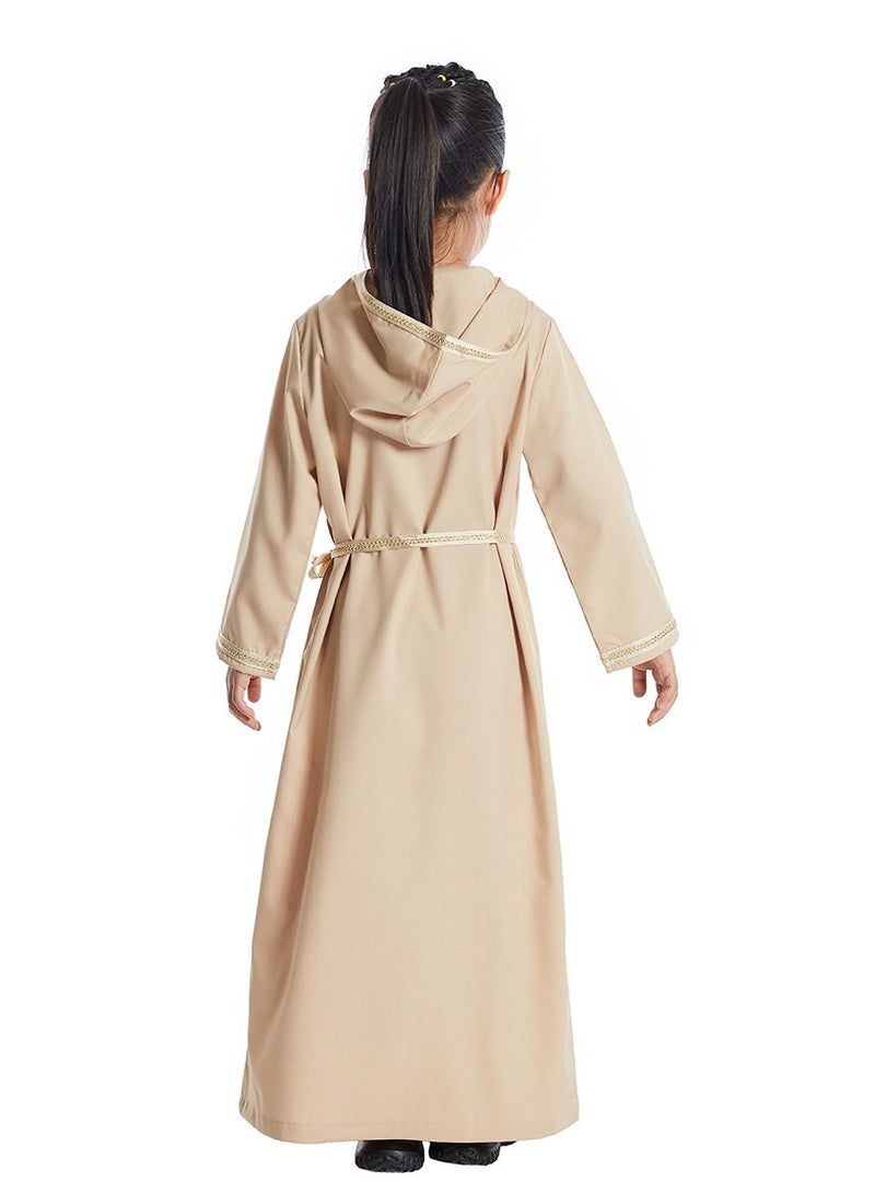 Girl's Lace-Up Hooded Long Sleeve Maxi Long Dress Brown