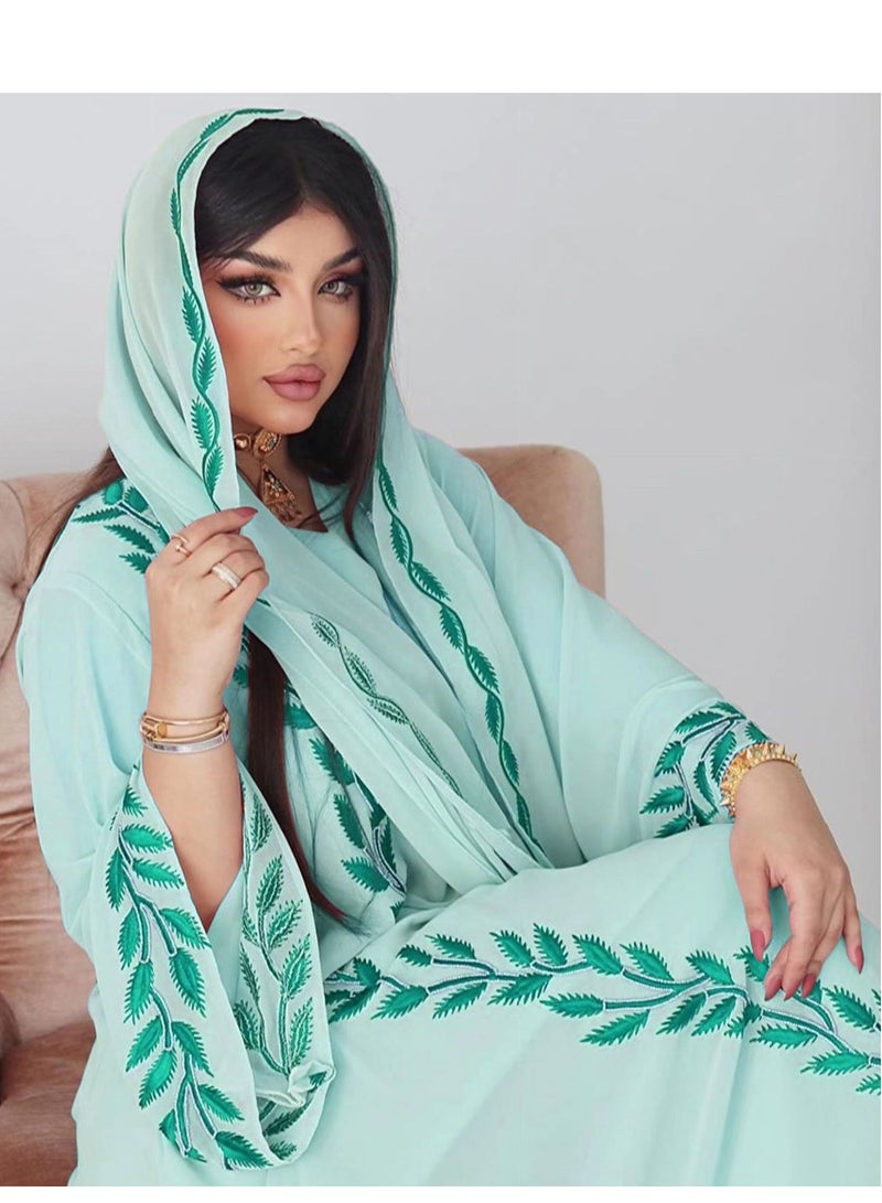 Fashion Chiffon Floral Embroidered Abaya With Hijab Green Color