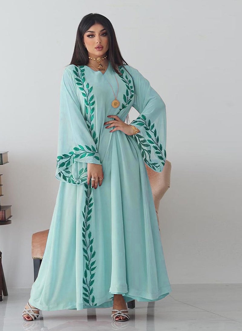 Fashion Chiffon Floral Embroidered Abaya With Hijab Green Color