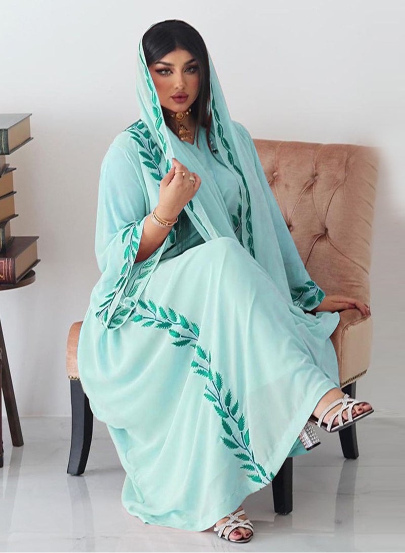 Fashion Chiffon Floral Embroidered Abaya With Hijab Green Color