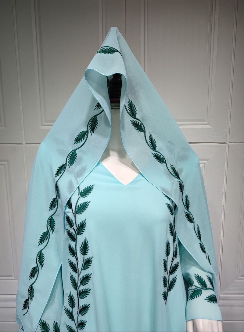 Fashion Chiffon Floral Embroidered Abaya With Hijab Green Color