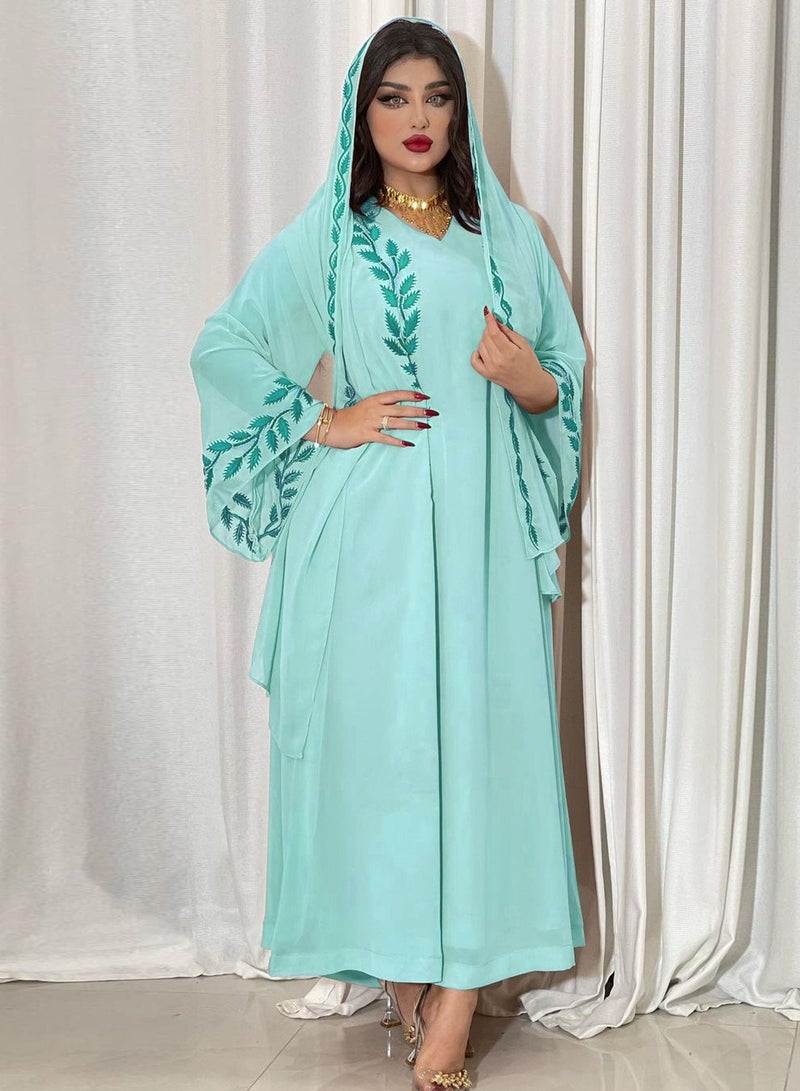 Fashion Chiffon Floral Embroidered Abaya With Hijab Green Color