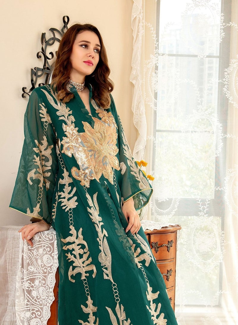 Best Gift Embroidered Abaya Dress For Women Moroccan Kaftan Turkey Arabic Jalabiya White Islamic Ethnic Robe Eid Ramadan Green Color