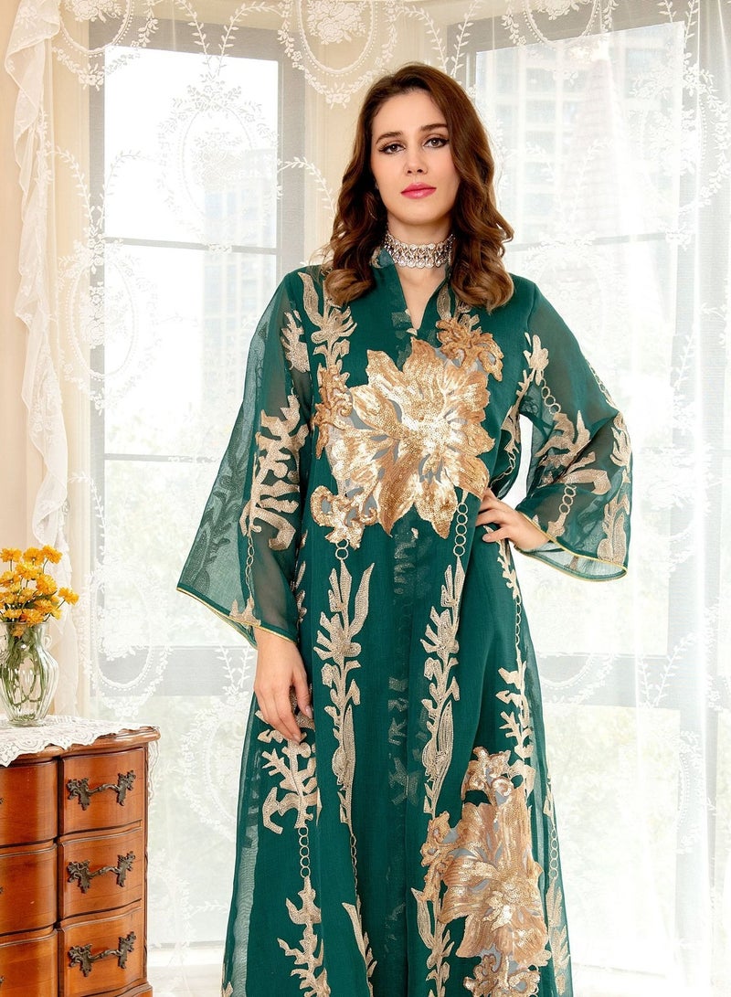 Best Gift Embroidered Abaya Dress For Women Moroccan Kaftan Turkey Arabic Jalabiya White Islamic Ethnic Robe Eid Ramadan Green Color