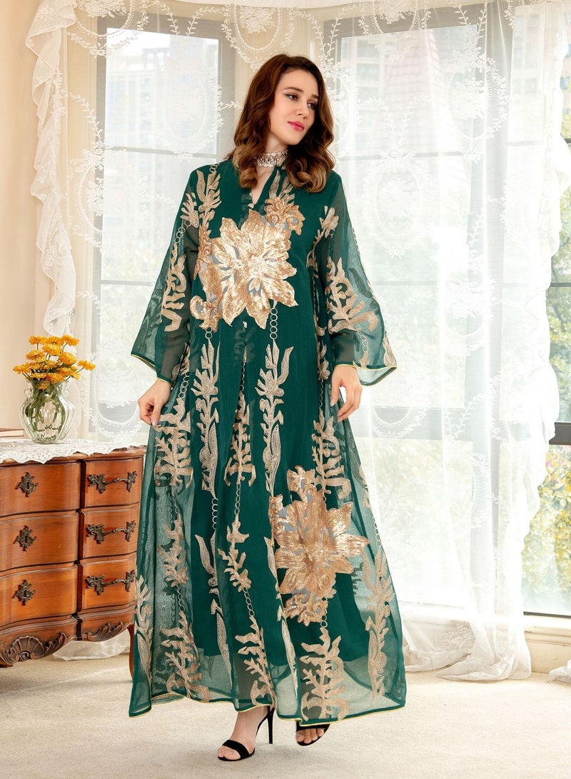 Best Gift Embroidered Abaya Dress For Women Moroccan Kaftan Turkey Arabic Jalabiya White Islamic Ethnic Robe Eid Ramadan Green Color
