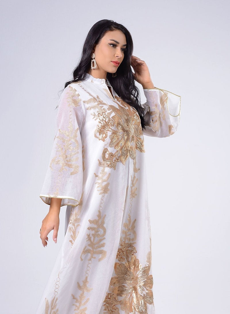 Best Gift Embroidered Abaya Dress For Women Moroccan Kaftan Turkey Arabic Jalabiya White Islamic Ethnic Robe Eid Ramadan White Color