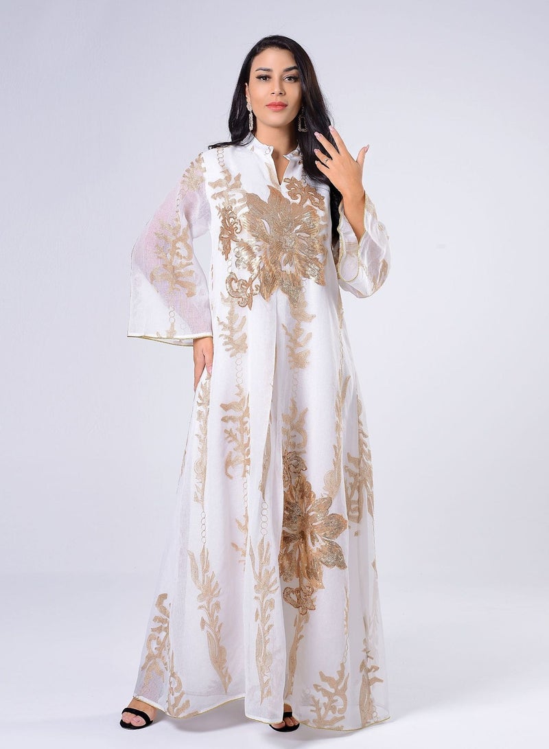 Best Gift Embroidered Abaya Dress For Women Moroccan Kaftan Turkey Arabic Jalabiya White Islamic Ethnic Robe Eid Ramadan White Color